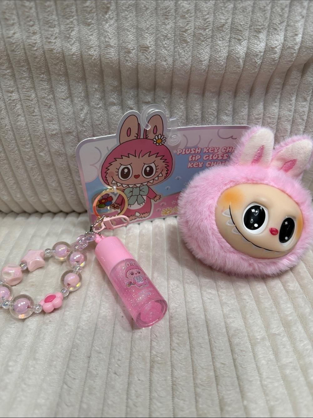 Cute Pink Plush Bunny Keychain & Blingy Lip Gloss Keychain Set. New.